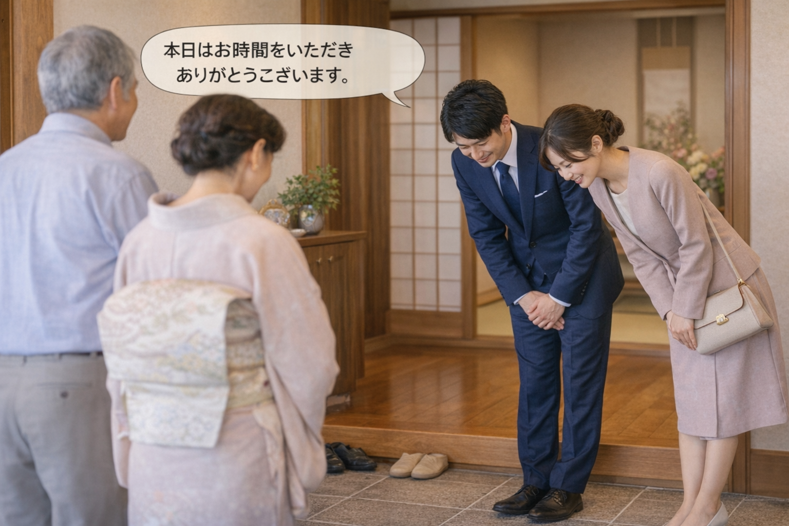 日本の伝統的な挨拶を交わすカップル