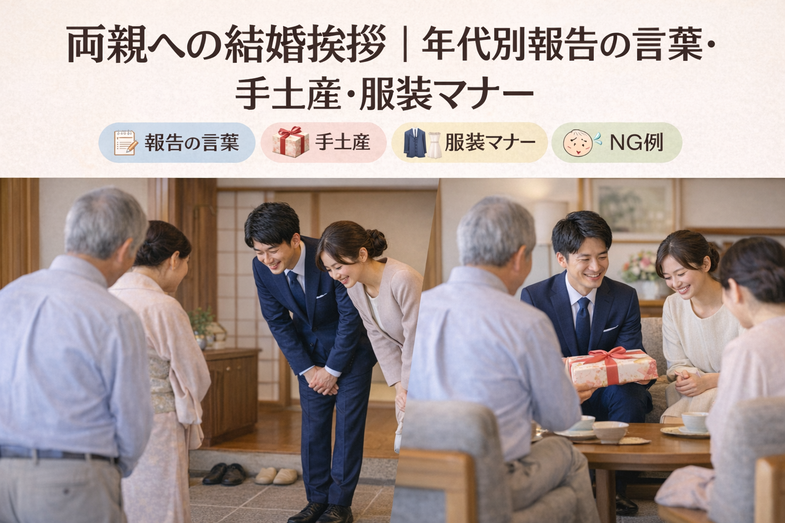 両親への結婚挨拶｜年代別報告の言葉・手土産・服装マナー